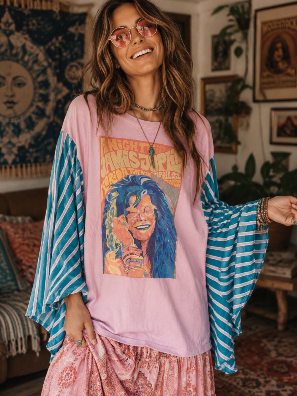 BlueVelvet L/XL Pink Graphic Janis Joplin Top with Blue Striped Kimono Sleeves